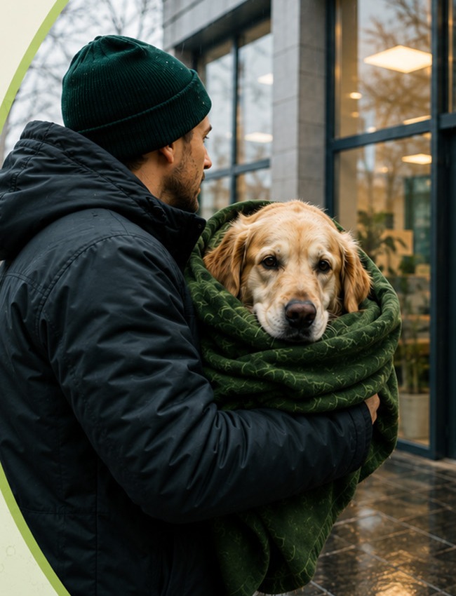 Muž nese psa v dece před veterinární klinikou v dešti